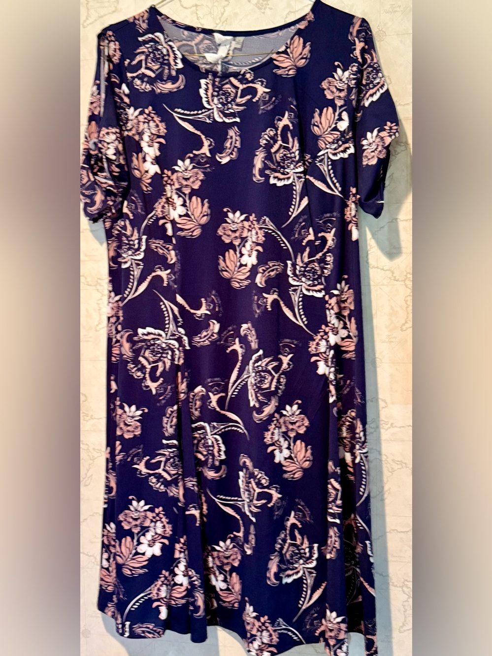 NY Collection Navy Floral Midi Dress with Blush Accents, Open Bow Short Sleeves